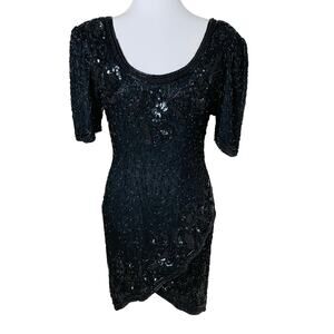 Vintage Swello Size XL Silk Beaded Mini Cocktail Dress Black Short Sleeve Party